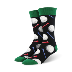 Lifestyle shot of a person wearing the black and green golf-themed socks, showcasing how they look when worn.
