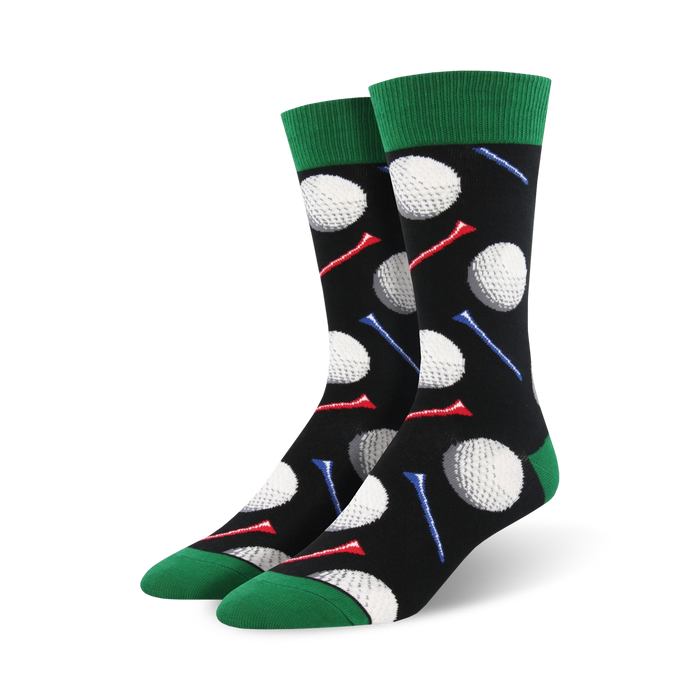 tee it up crew socks: black golf sock with golf ball and golf tee design for men   