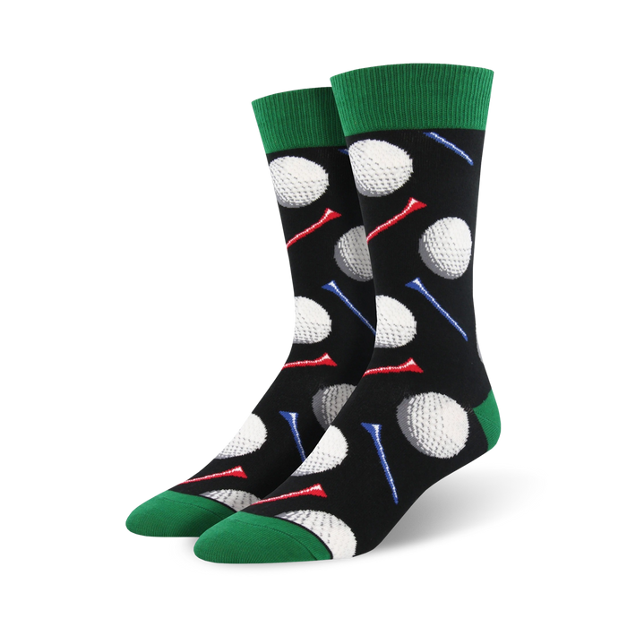 Lifestyle shot of a person wearing the black and green golf-themed socks, showcasing how they look when worn.
