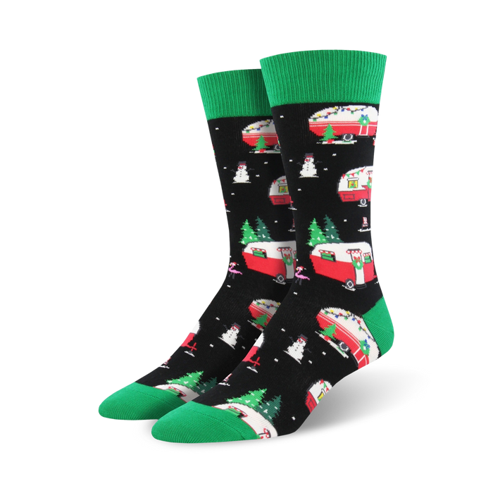 black crew socks with a pattern of christmas campers, christmas trees, snowmen, and green cuff, for men.   