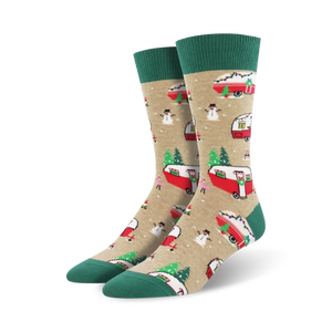 christmas campers crew socks feature vintage red and white campers, christmas trees, snowmen, snowflakes on tan background.   