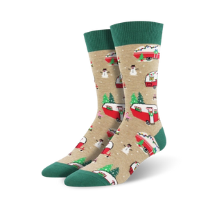 Close-up view of a pair of tan Christmas Camper socks. Same design as the black socks but on a tan background.