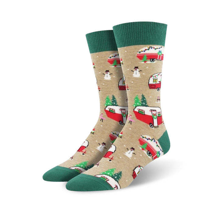 christmas campers crew socks feature vintage red and white campers, christmas trees, snowmen, snowflakes on tan background.   