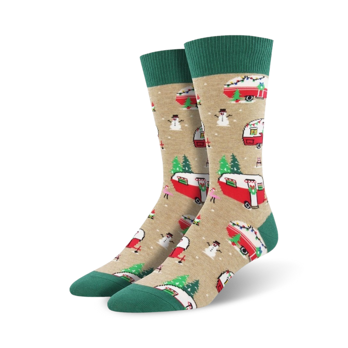 Close-up view of a pair of tan Christmas Camper socks. Same design as the black socks but on a tan background.