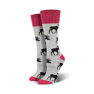 Pair of grey and pink crew socks with a repeating moose design.  Features a pink cuff and toe.