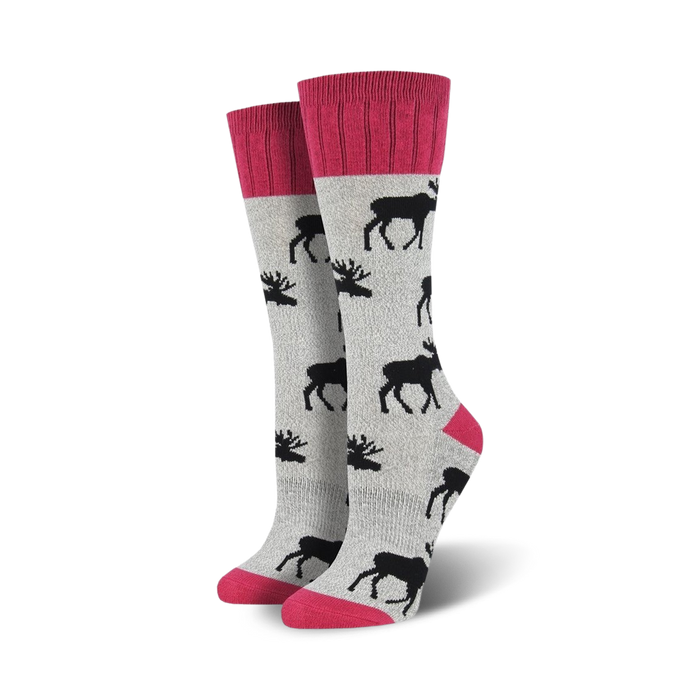 Pair of grey and pink crew socks with a repeating moose design.  Features a pink cuff and toe.