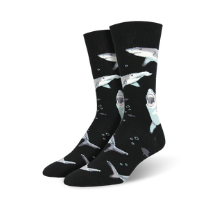 Pair of crew socks; black and teal sharks swimming on black or royal blue background. Fun and playful design.