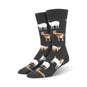 Pair of crew socks; dark gray background with repeating pattern of brown, white goats.