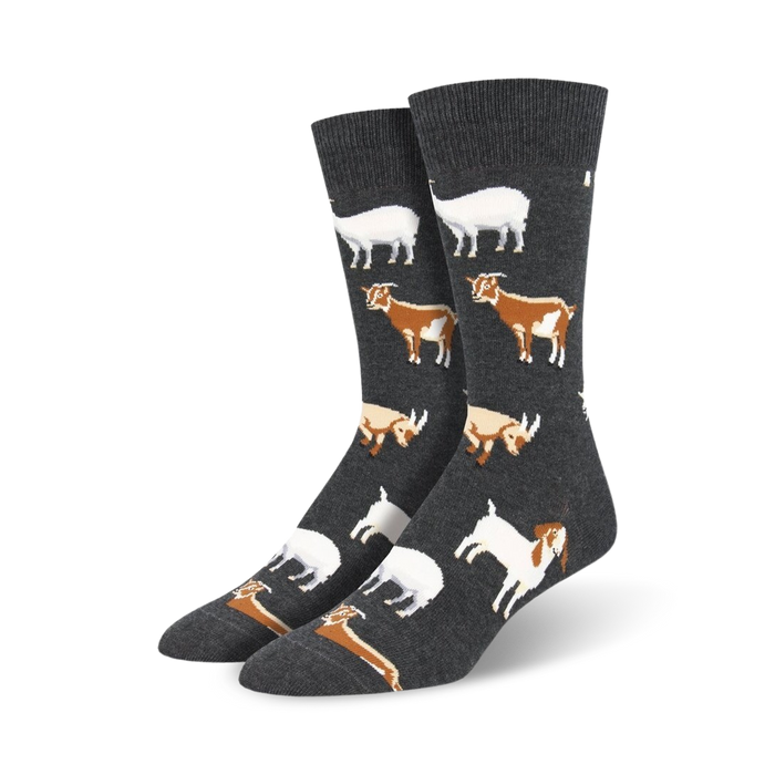 gray crew socks with a cartoon goat pattern in white, brown, and black. fun and silly socks for men.  