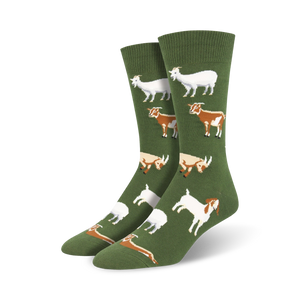 silly billy forest green novelty crew socks with cartoon goat pattern for men.  