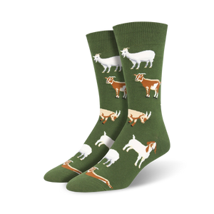 Lifestyle shot of Silly Billy socks on a person's feet. The socks are green with goats on them.