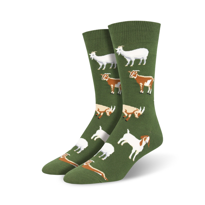 silly billy forest green novelty crew socks with cartoon goat pattern for men.  