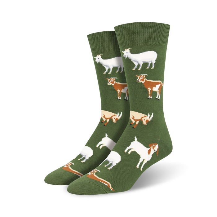Lifestyle shot of Silly Billy socks on a person's feet. The socks are green with goats on them.