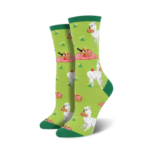 whimsical crew socks feature a design of white llama's wearing red hats on a red and white checkered tablecloth with a basket and black crow's flying around it.  