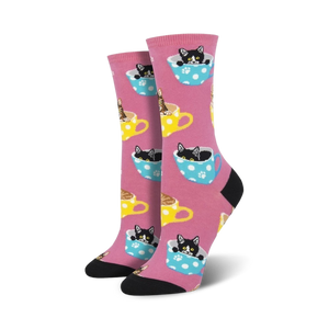 Lifestyle product shot of Cat-Feinated socks in pink.