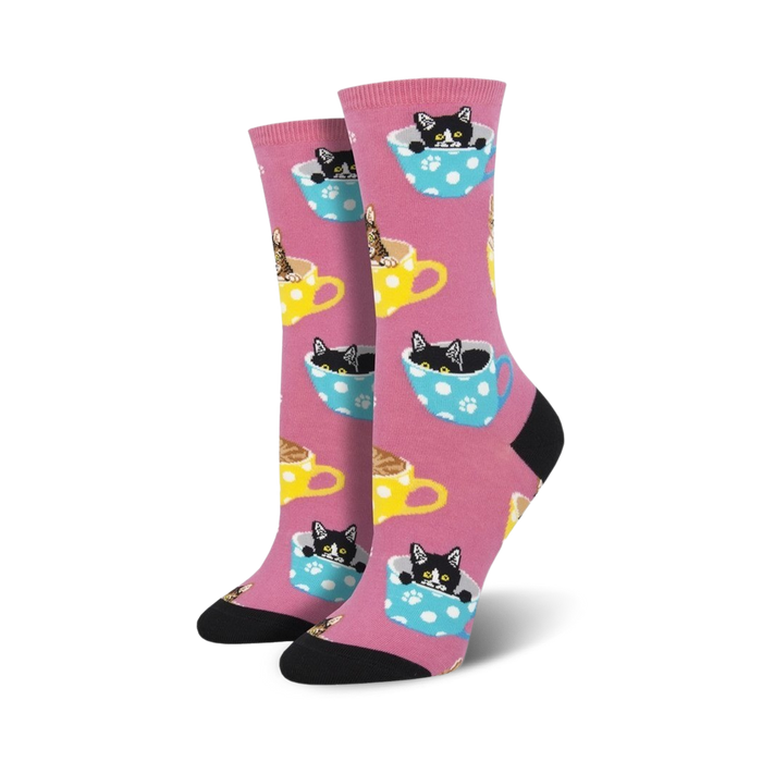 Lifestyle product shot of Cat-Feinated socks in pink.