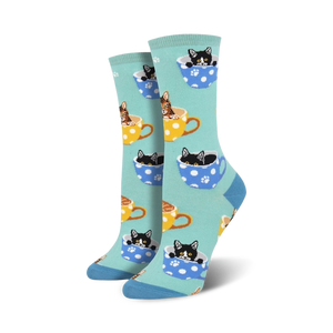 Lifestyle product shot of Cat-Feinated socks in teal.
