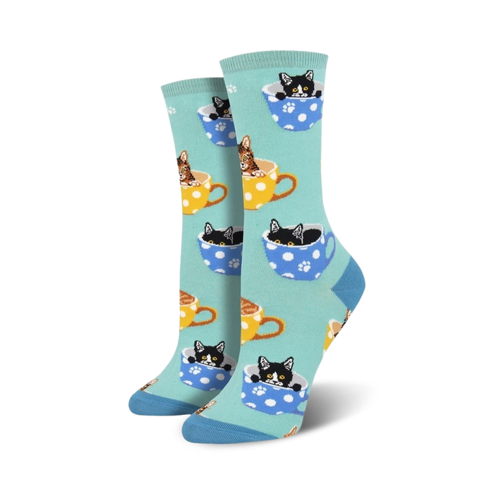 Lifestyle product shot of Cat-Feinated socks in teal.