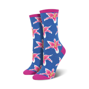 Pair of women's crew socks in blue and pink, featuring a repeating pattern of pink lilies.