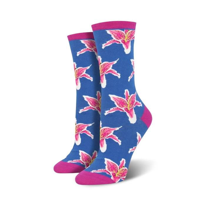 Pair of women's crew socks in blue and pink, featuring a repeating pattern of pink lilies.