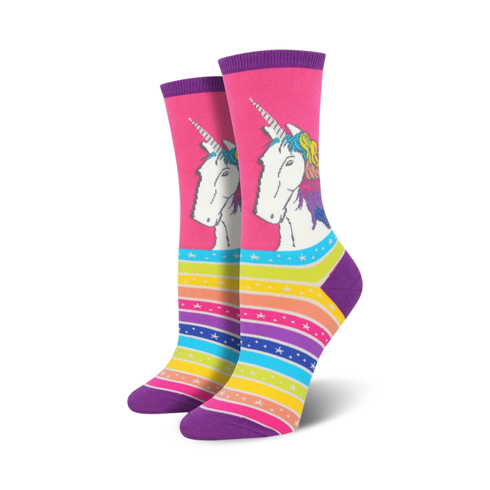 pink and purple crew socks featuring a pattern of white unicorns with rainbow manes and tails, stars, and rainbow stripes.    }}