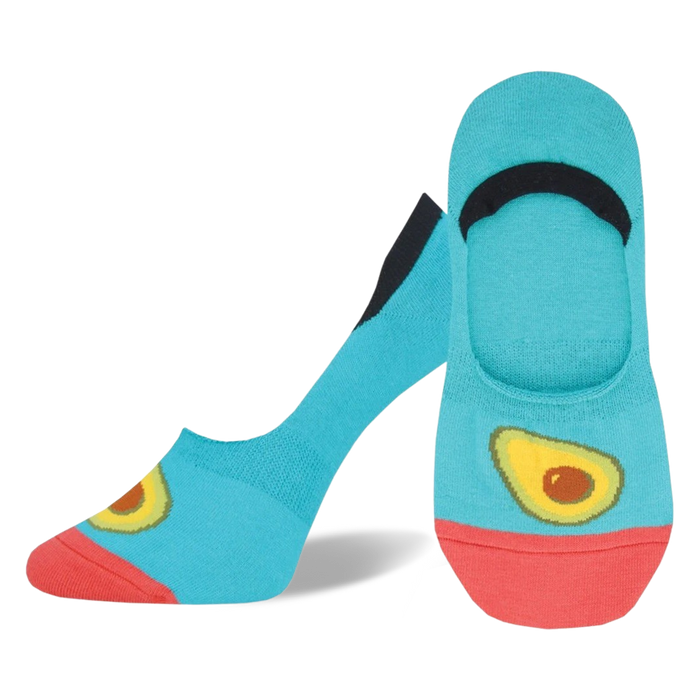 Pair of turquoise no-show socks with a coral heel and toe, and a graphic of an avocado on the foot. }}
