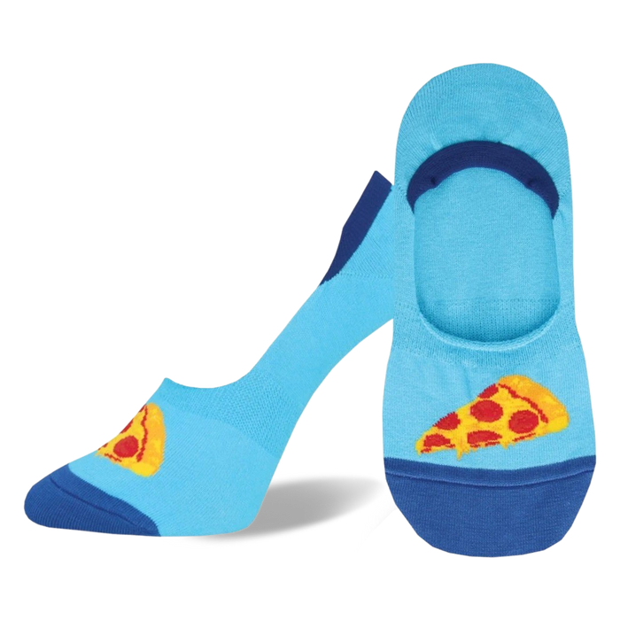  blue no-show socks with a pizza pattern featuring a cartoon pizza with pepperoni and red sauce. made for women.    }}