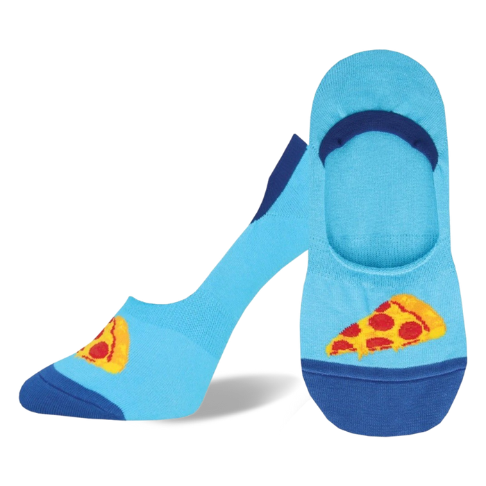 A pair of light blue no-show socks with a fun pizza slice graphic. The heel and toe are navy blue. }}