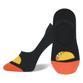 black liner socks with orange toes and heels, taco pattern in orange, yellow, red, green.  