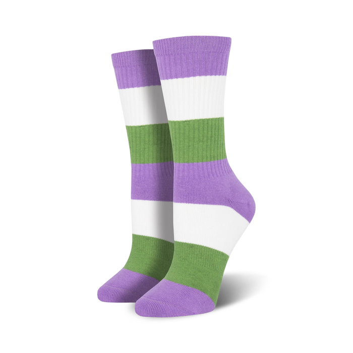 Pair of genderqueer pride crew socks in lavender, white, and green horizontal stripes. }}