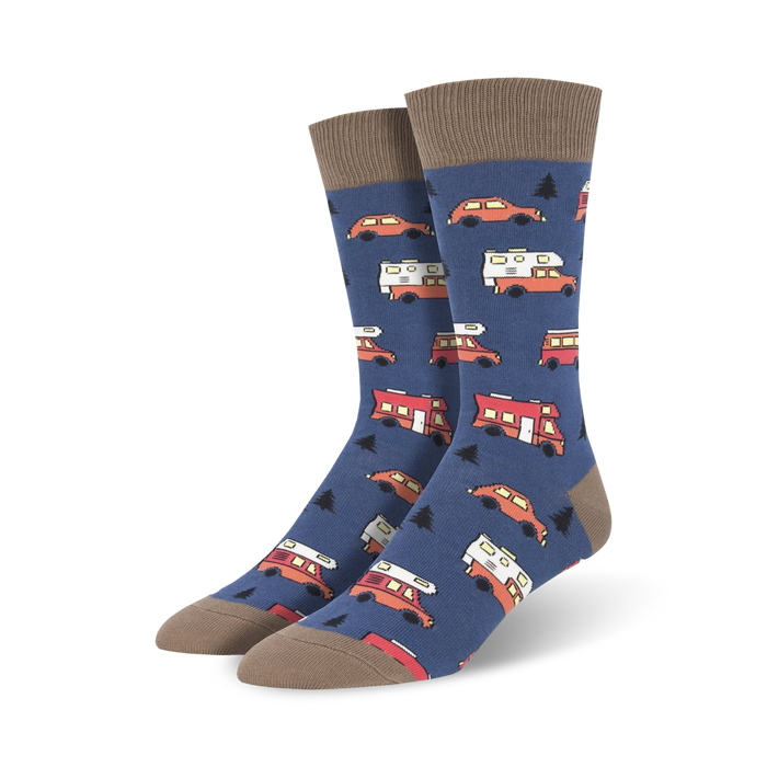 Pair of crew socks in navy blue with a pattern of orange and white camper vans and cars.  The socks have taupe-colored cuffs. }}