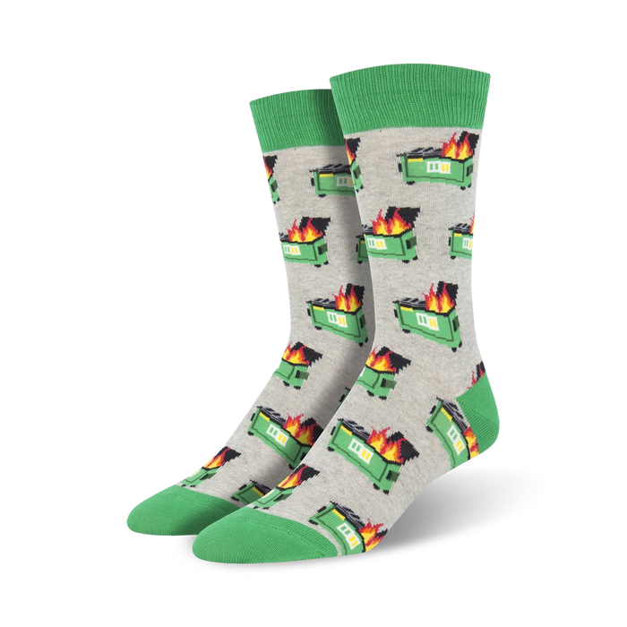mens gray crew socks with pixelated dumpster fire pattern. orange flames, black smoke. green toes, heels, and cuffs. funny.    }}