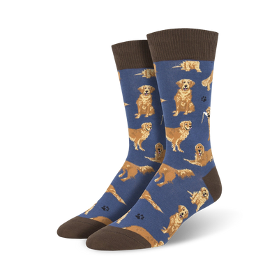 A pair of crew socks with a navy blue background and a pattern of golden retrievers. The socks have brown cuffs.