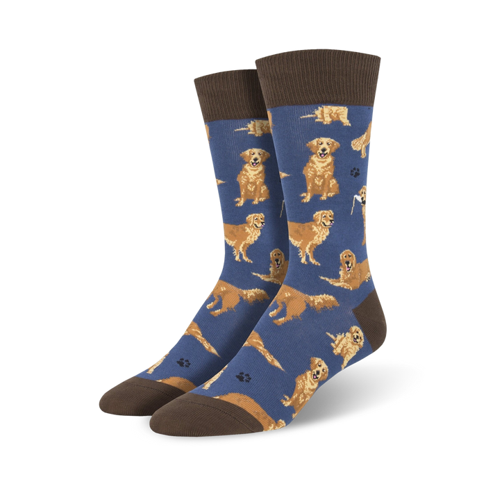 A pair of crew socks with a navy blue background and a pattern of golden retrievers. The socks have brown cuffs. }}