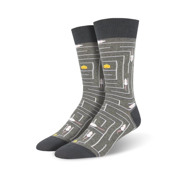 Pair of grey crew socks with a maze design. Mice and cheese are featured throughout the maze pattern. }}