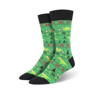 Lifestyle shot: A model's feet wearing the bright green Santasaurus Rex socks.