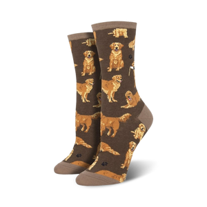 Pair of crew socks, brown and gold, featuring a repeating pattern of Golden Retrievers in various poses.