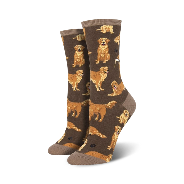 Pair of crew socks, brown and gold, featuring a repeating pattern of Golden Retrievers in various poses.