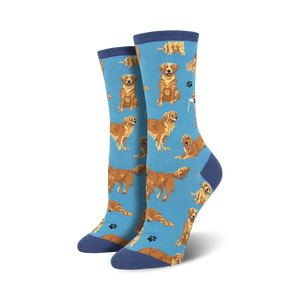Lifestyle shot of Golden Retriever socks on a person's feet, showing the socks in action and the blue colorway.