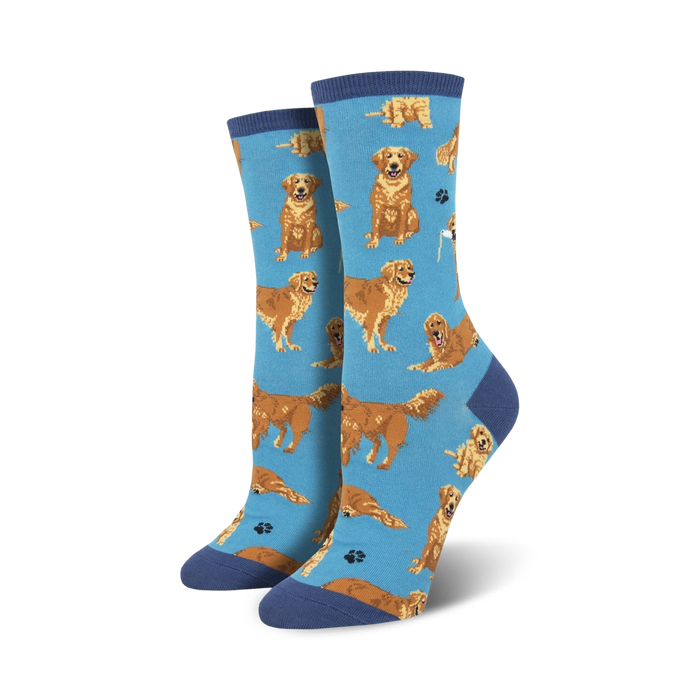 Lifestyle shot of Golden Retriever socks on a person's feet, showing the socks in action and the blue colorway.