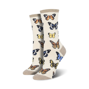 women's crew socks featuring colorful butterfly designs.  