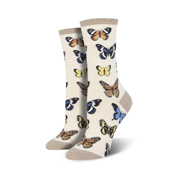 women's crew socks featuring colorful butterfly designs.  