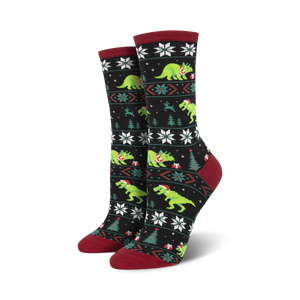 Crew socks in black and green featuring a Fair Isle pattern with T-Rex dinosaurs wearing Santa hats.
