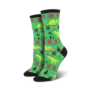 Lifestyle shot of Santasaurus Rex socks on a model's feet.