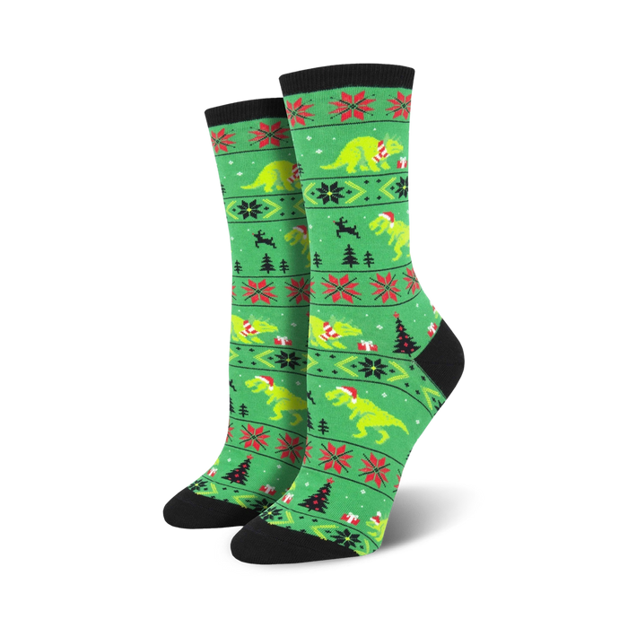 Lifestyle shot of Santasaurus Rex socks on a model's feet.