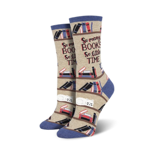white knee-high socks featuring bookshelf print, sleeping cats, and blue toes and heels. perfect for book lovers and cat enthusiasts.  