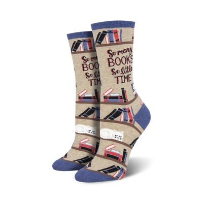 Cream and blue crew socks with a bookshelf design, stacks of books, and a cute cat. Text reads, 'So many books, so little time.'