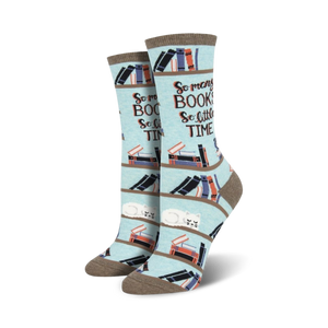 women's crew socks with bookshelves, books, and a white sleeping cat. designed for geeky women and book lovers. 