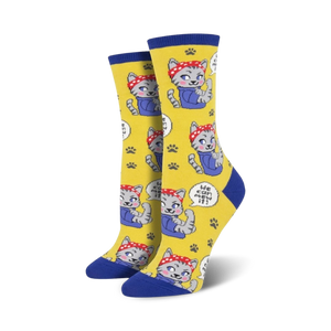 yellow socks with cartoon cats wearing red bandanas and the text 