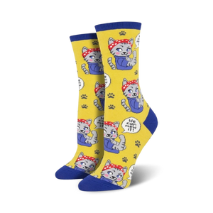 Crew socks in yellow and blue featuring a pattern of grey cats wearing red bandanas and flexing their biceps, with the phrase 'We Can Mew It!' repeated.